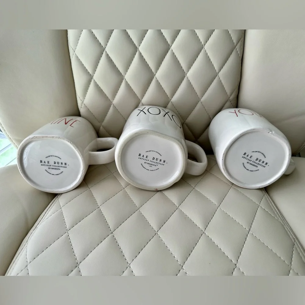 RAE DUNN coffee tea mugs 3 YOURS, MINE & XOXO red & white